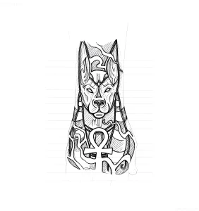 Эскиз татуировки Анубиса с анкхом, выполненный в графическом стиле.