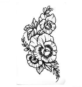 Чёрно-белый эскиз татуировки с изображением трёх анютиных глазок, переплетающихся с листьями и изящными усиками.