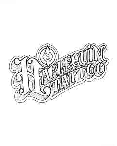 Эскиз татуировки в стиле леттеринг с надписью 'HARLEQUIN TATTOO' и символом ромба в круге.