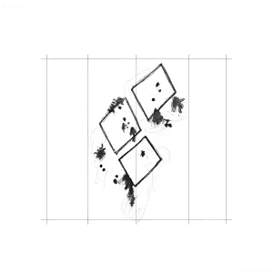 Эскиз тату с тремя наложенными друг на друга квадратами, заполненными черными точками и хаотичными тенями, выполненный в графическом стиле.