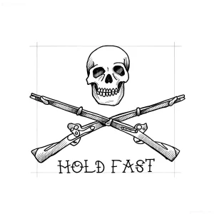 Эскиз татуировки черепа, скрещенных старинных мушкетов и надписи 'HOLD FAST'