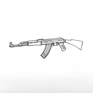 Эскиз татуировки автомата АК, выполненный в стиле линейной графики с легкой штриховкой.