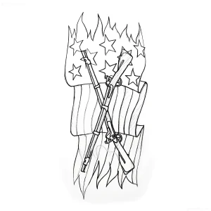 Чёрно-белый эскиз татуировки с изображением двух старинных винтовок, перекрещённых на фоне американского флага, который словно охвачен пламенем.