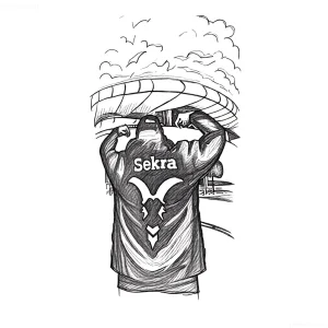 Эскиз тату: Спортивный стадион, болельщик в куртке с надписью 'Sekra' и символом, птицы в небе.