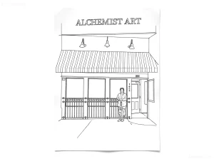 A black and white artistic tattoo sketch depicting the silhouette of a woman at the studio door and the Alchemist Art Studio logo.