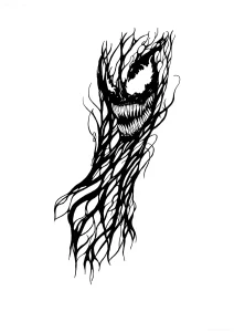 Татуировка в стиле blackwork: искажённое лицо с острыми зубами, превращающееся в корни или щупальца, на белом фоне