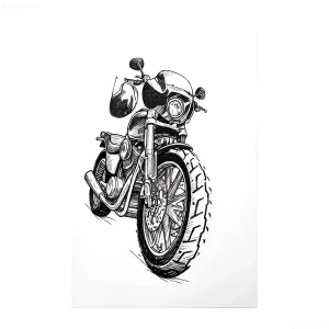 Черно-белый эскиз мотоцикла в стиле лайнворк, показывающий детализированную технику рисунка для татуировки