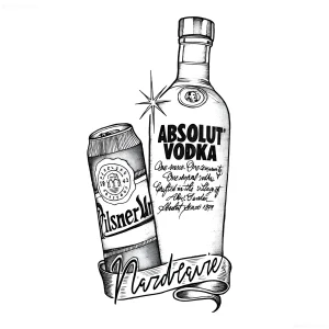 черно-белый эскиз татуировки в стиле Absolut Vodka с детализированным изображением бутылки, этикетки и текстовыми элементами