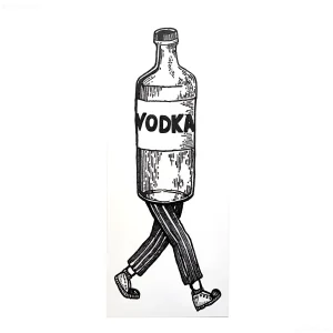 Черно-белый эскиз татуировки, изображающий бутылку водки с надписью VODKA, у которой вместо нижней части тела — человеческие ноги в полосатых брюках и ботинках, идущие вперёд