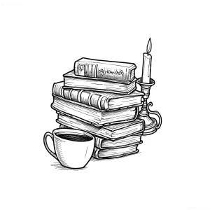 Черно-белый эскиз татуировки в стиле лайнворк: стопка старых книг, горящая свеча в подсвечнике и чашка кофе — символ любви к чтению и знаниям