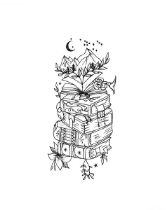 Черно-белый эскиз татуировки с изображением стопки книг, из которых вырастают горы, деревья и цветы, на фоне полумесяца и звёзд — идеален для любителей чтения и природы
