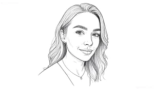 Черно-белый эскиз татуировки женских бровей с длинными волосами, выполненный в стиле наброска