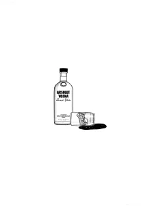 Черно-белый эскиз татуировки с бутылкой водки Absolut Vodka и лежащей на боку банкой с лужей жидкости — стильный минималистичный дизайн для празднования Дня чекушки 16 июня