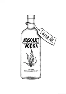 Черно-белый эскиз татуировки — бутылка водки Absolut с надписью 'Country of Sweden', листом конопли и биркой 'DRINK ME', привязанной к горлышку. Стиль: графический реализм с детализированной штриховкой.