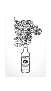 Черно-белый эскиз татуировки с бутылкой водки Tito's Handmade Vodka, из которой растут цветы и листья