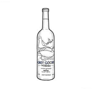 Черно-белый эскиз татуировки в стиле лайнворк — бутылка водки Grey Goose с гусем на этикетке, контурная прорисовка, минимализм