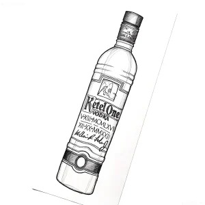 Черно-белый эскиз татуировки с изображением бутылки водки Ketel One, выполненный в стиле лайнворк с акцентом на текстуру и надписи