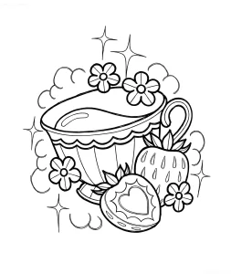 Чёрно-белый эскиз татуировки с чашкой, клубникой, цветами и искрами — милое и символичное изображение для празднования Дня клубники