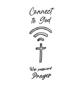 Черно-белый эскиз татуировки: надпись 'Connect to God', символ Wi-Fi над христианским крестом, внизу текст 'Wifi password: Prayer'. Рисунок выполнен в стиле hand-drawn с штриховкой.