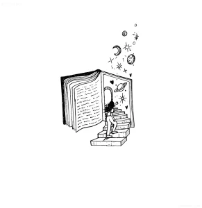 Черно-белый эскиз татуировки: открытая книга, из которой вырастает лестница, ведущая к звёздам и планетам; девушка шагает вверх, символизируя путешествие через знания