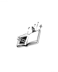 Чёрно-белый эскиз татуировки: открытая книга, из которой выходит девушка с развевающимися волосами, рядом — самолёт, бабочки и цветы. Стиль минимализм, линии тонкие, композиция воздушная.