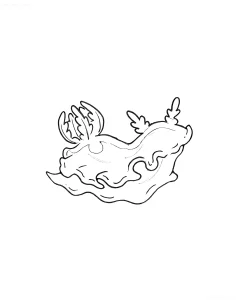 Черно-белый эскиз татуировки с изображением голожаберного моллюска (nudibranch), стилизованный под морской пейзаж