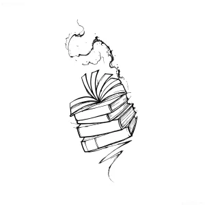 Черно-белый эскиз татуировки: стопка книг, из верхней которой поднимается дым, как будто она горит. Стиль — минималистичный line art с элементами экспрессивного штриха.