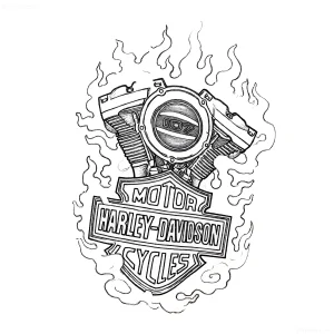 Черно-белый эскиз татуировки для байкеров: двигатель Harley-Davidson 103, логотип Bar & Shield и стилизованные языки пламени на белом фоне