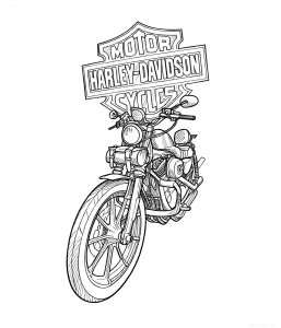 Черно-белый эскиз татуировки в стиле лайнворк: классический мотоцикл Harley-Davidson с фирменным щитовым логотипом над рулем