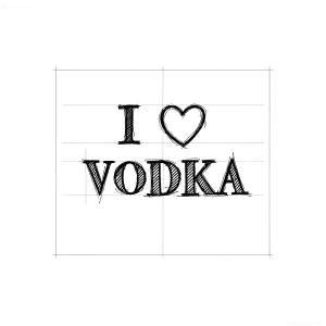 Черно-белый эскиз татуировки с надписью I ❤️ VODKA, выполненный в стиле hand-drawn с штриховкой и контурными линиями, на фоне разметочных линий для композиции