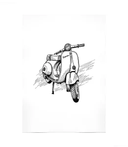 Черно-белый эскиз татуировки ретро скутера Lambretta в движении, выполненный техникой лайнворк с динамичными штрихами скорости