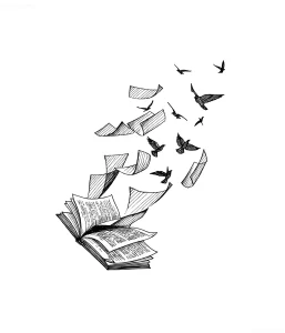 Чёрно-белый эскиз татуировки с открытой книгой, страницы которой превращаются в летящих птиц — метафора освобождения мыслей и знаний