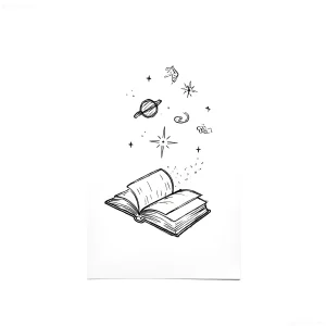 Черно-белый эскиз татуировки: открытая книга, из которой вылетают планеты, звёзды, кометы и космические объекты — символ воображения и знаний