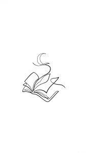 Минималистичный эскиз татуировки с открытой книгой, из которой исходит свет в виде полумесяца и волнистых линий, символизирующих магию чтения