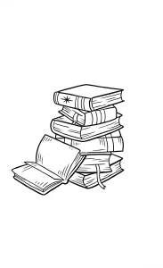 Черно-белый эскиз татуировки с изображением стопки книг, одна из которых открыта, в стиле лайнворк — символ знаний и праздника библиотекаря