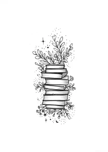 Черно-белый эскиз татуировки: стопка книг, обрамлённая ветвями с листьями и цветами, звёздами и луной — символ знаний и магии чтения