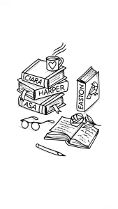 Черно-белый эскиз татуировки: стопка книг с именами Ciara, Harper, Asa, стоящая книга Easton с птицей, чашка с сердцем, очки, карандаш и открытая книга с листом и шариком пряжи
