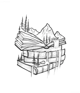 Черно-белый эскиз татуировки в стиле линework: стопка книг, превращающаяся в горный ландшафт с елями и водопадом, стекающим по корешкам. Символическое изображение мира знаний как живой природы.