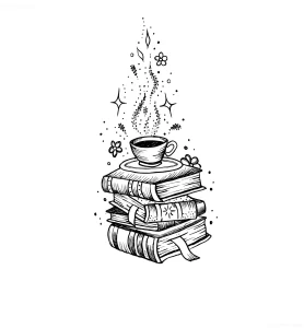 Чёрно-белый эскиз татуировки с чашкой кофе на стопке книг, из которой поднимается магический пар в виде звёзд, цветов и искр — идеален для празднования Общероссийского дня библиотек 27 мая