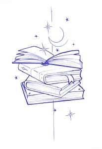 Синий эскиз татуировки с изображением стопки книг, одной из которых открыта, над ней — полумесяц и звёзды, символизирующие магию знаний и ночное чтение