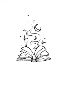 Черно-белый эскиз татуировки с открытой книгой, из которой исходит дым, превращающийся в луну и звезды. Символ знаний, магии и вдохновения — идеально подходит для праздника библиотекаря.