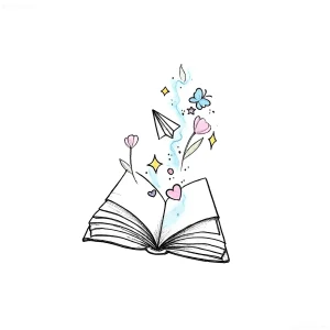 Рисованный эскиз открытой книги, из которой вылетают цветы, бабочка, бумажный самолётик и сердечки — идеальная идея татуировки ко Дню библиотек