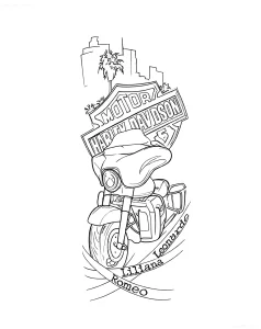 Черно-белый эскиз татуировки с мотоциклом, логотипом Harley Davidson, силуэтом города и именами Romeo, Liliana, Leonardo
