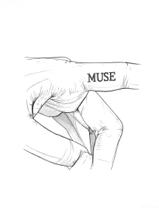 Черно-белый эскиз татуировки с надписью MUSE на предплечье, выполненный в стиле лайнворк с акцентом на анатомические линии руки