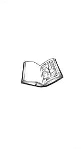 Черно-белый эскиз татуировки в стиле лайнворк — открытая книга, где правая страница заполнена детализированным изображением дерева жизни с листьями и ветвями, левая страница пуста; идеален для поклонников литературы и символики знаний