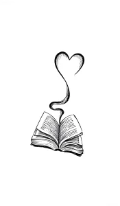 Черно-белый эскиз татуировки в стиле лайнворк: раскрытая книга, из которой поднимается дым, превращающийся в сердце — символ любви к чтению и знаниям