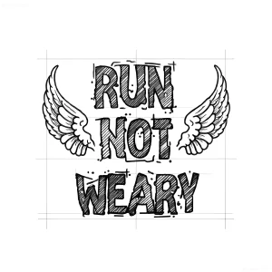 Черно-белый эскиз татуировки с надписью Run Not Weary и парой крыльев в графическом стиле для Всемирного дня бега