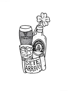 черно-белый набросок татуировки в стиле traditional, изображающий высокий стакан пива Guinness, кельтский крест и надпись SEVEN ARRIVO