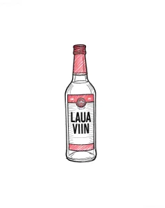 Рисунок эскиза татуировки: бутылка эстонского вина Laua Viin в стиле лайн-арт с акцентами красного цвета, подходит для праздничной татуировки ко Дню чекушки
