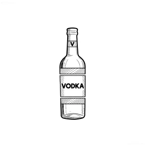 Черно-белый эскиз татуировки с бутылкой водки, надпись VODKA, стиль лайнворк, контурный рисунок